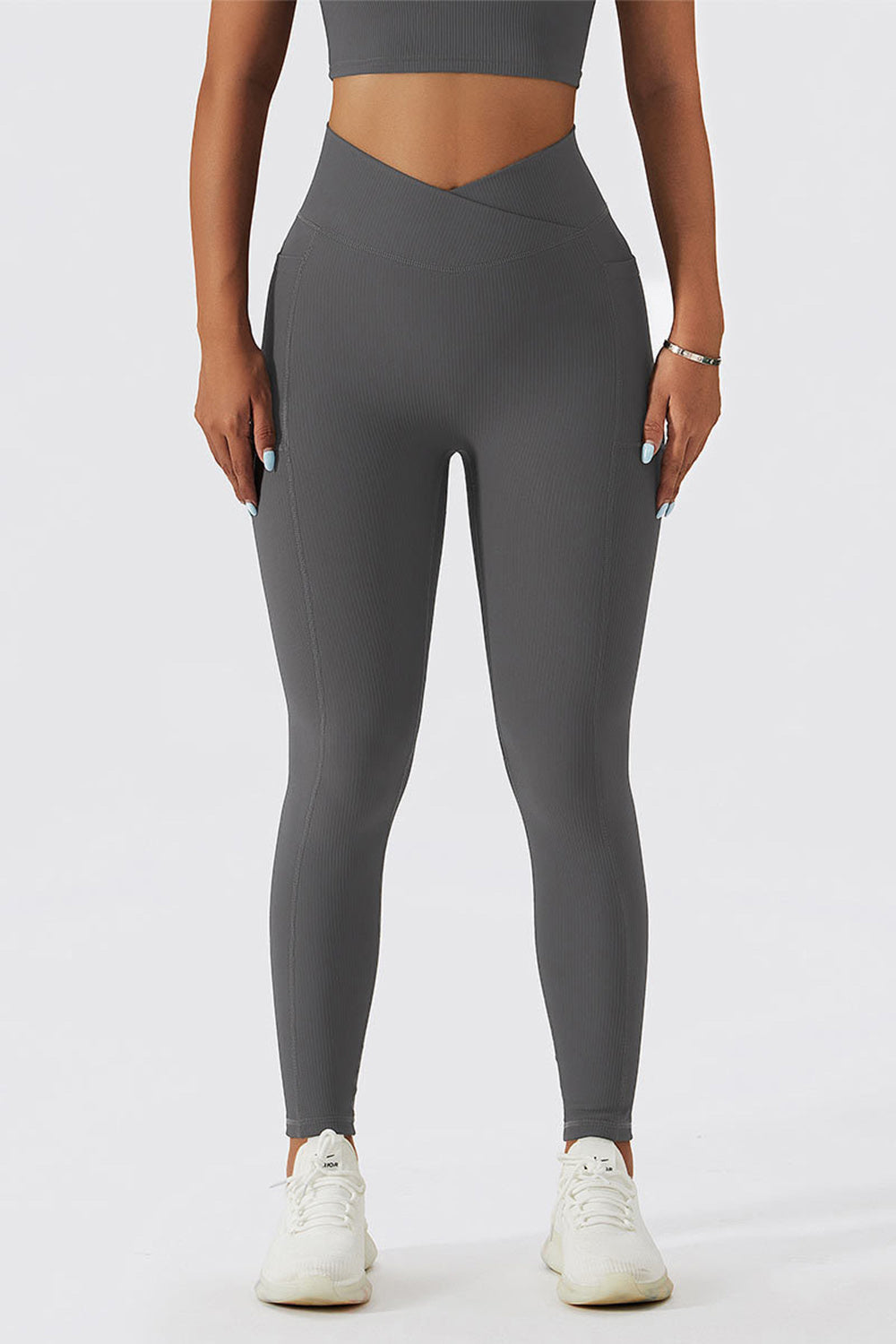 Cross Waist Ribbed Leggings with Pockets - Dark Gray