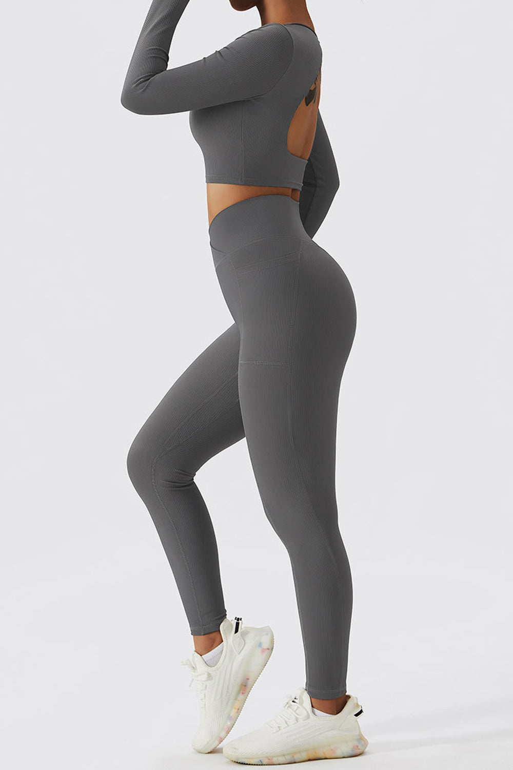 Cross Waist Ribbed Leggings with Pockets - Dark Gray
