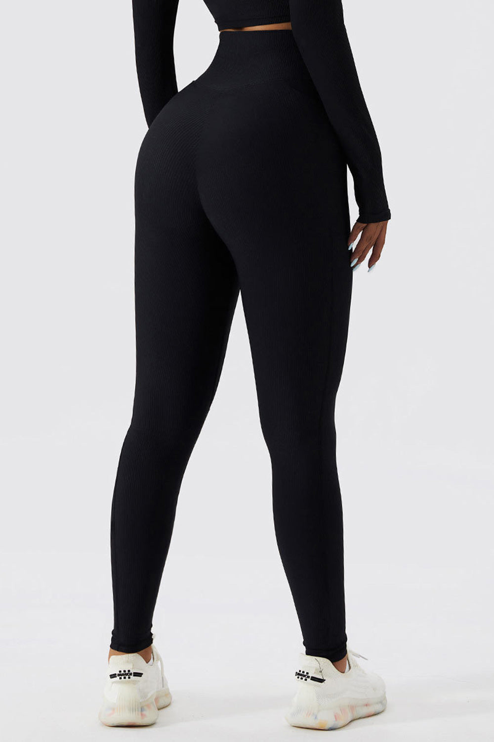 Cross Waist Ribbed Leggings with Pockets - Black