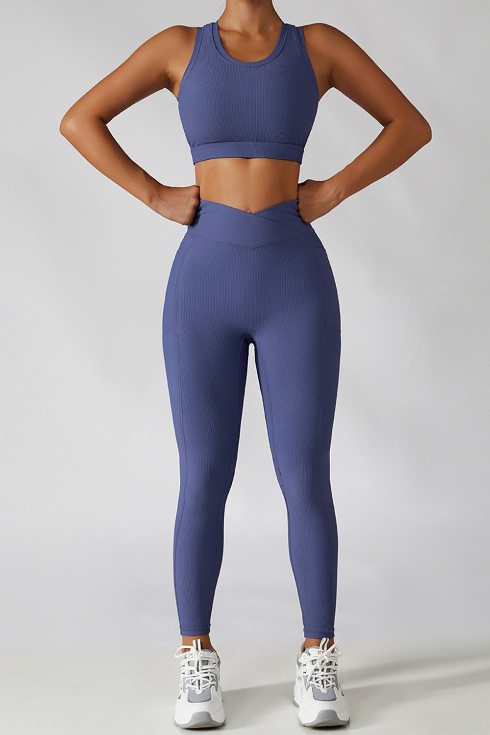 Cross Waist Ribbed Leggings with Pockets - Purple