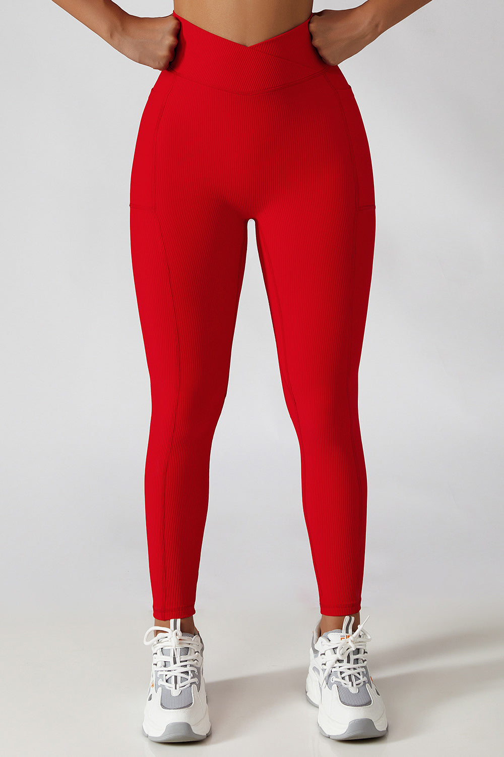 Cross Waist Ribbed Leggings with Pockets - Red