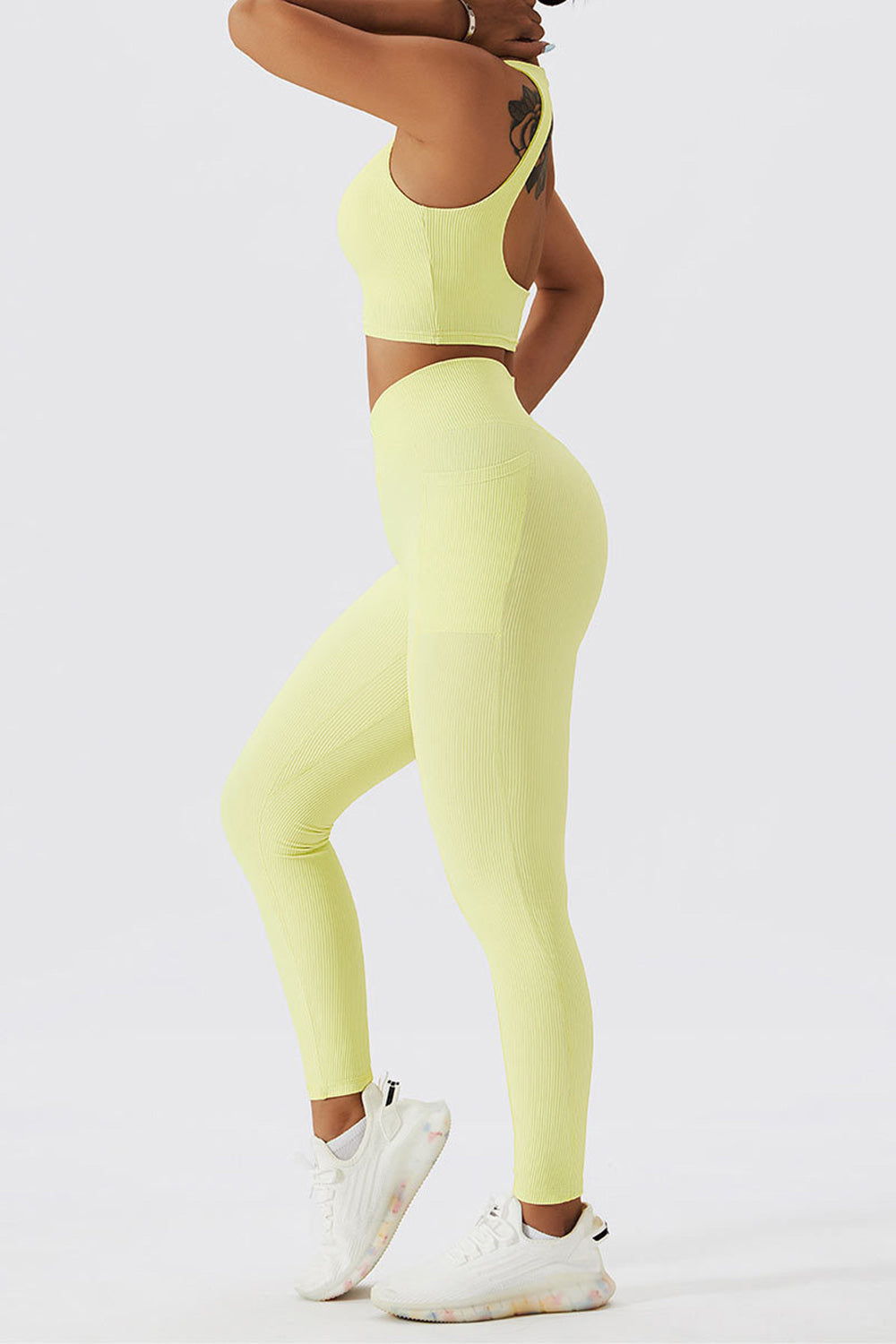 Cross Waist Ribbed Leggings with Pockets - Lemon