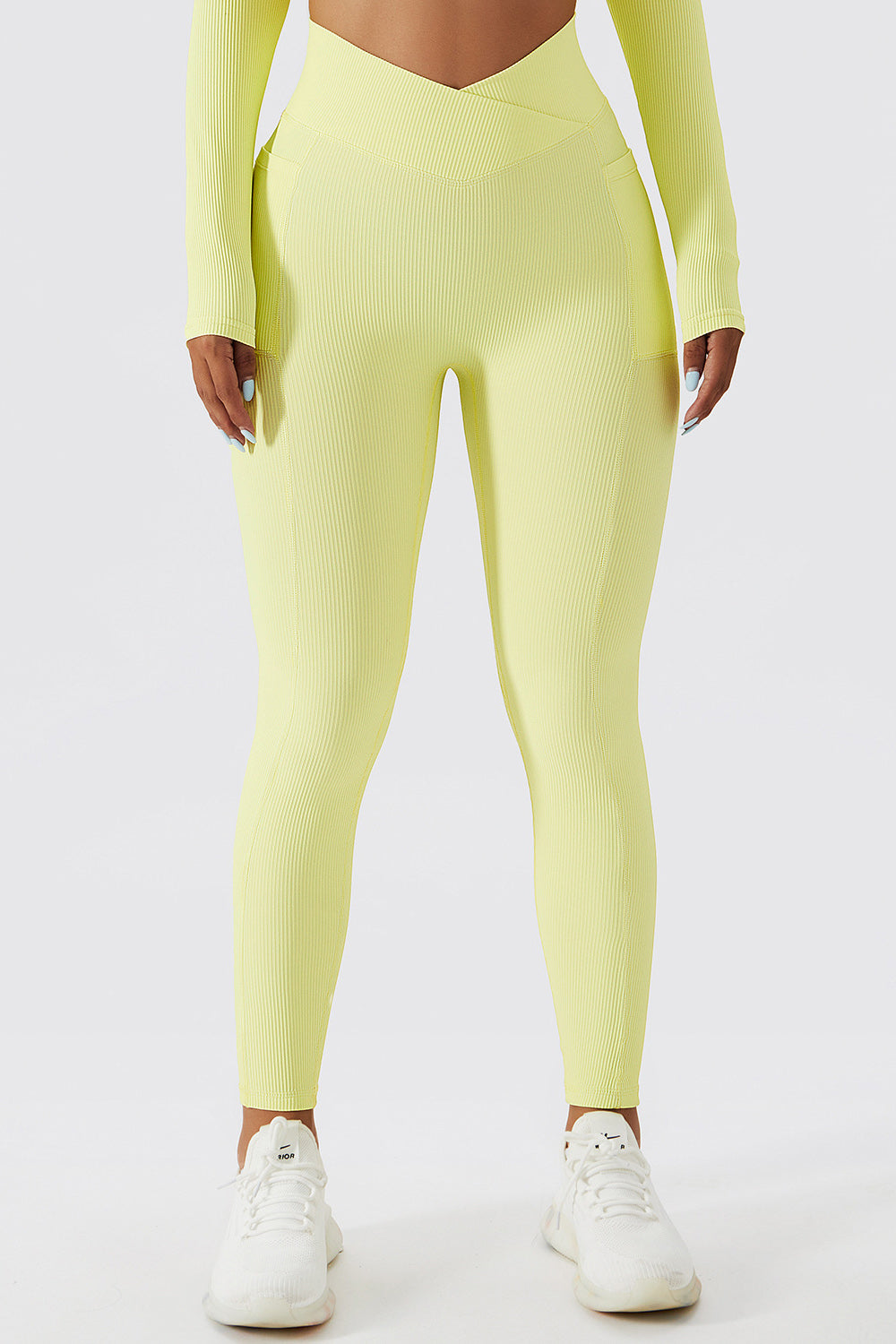 Cross Waist Ribbed Leggings with Pockets - Lemon