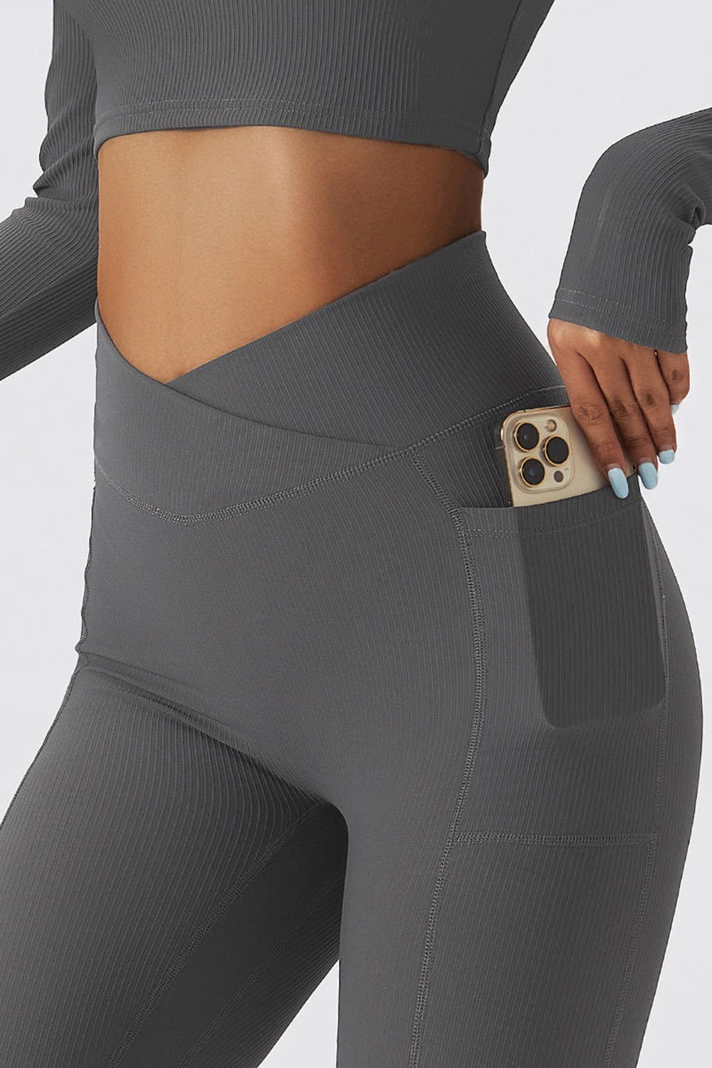 Cross Waist Ribbed Leggings with Pockets - Dark Gray