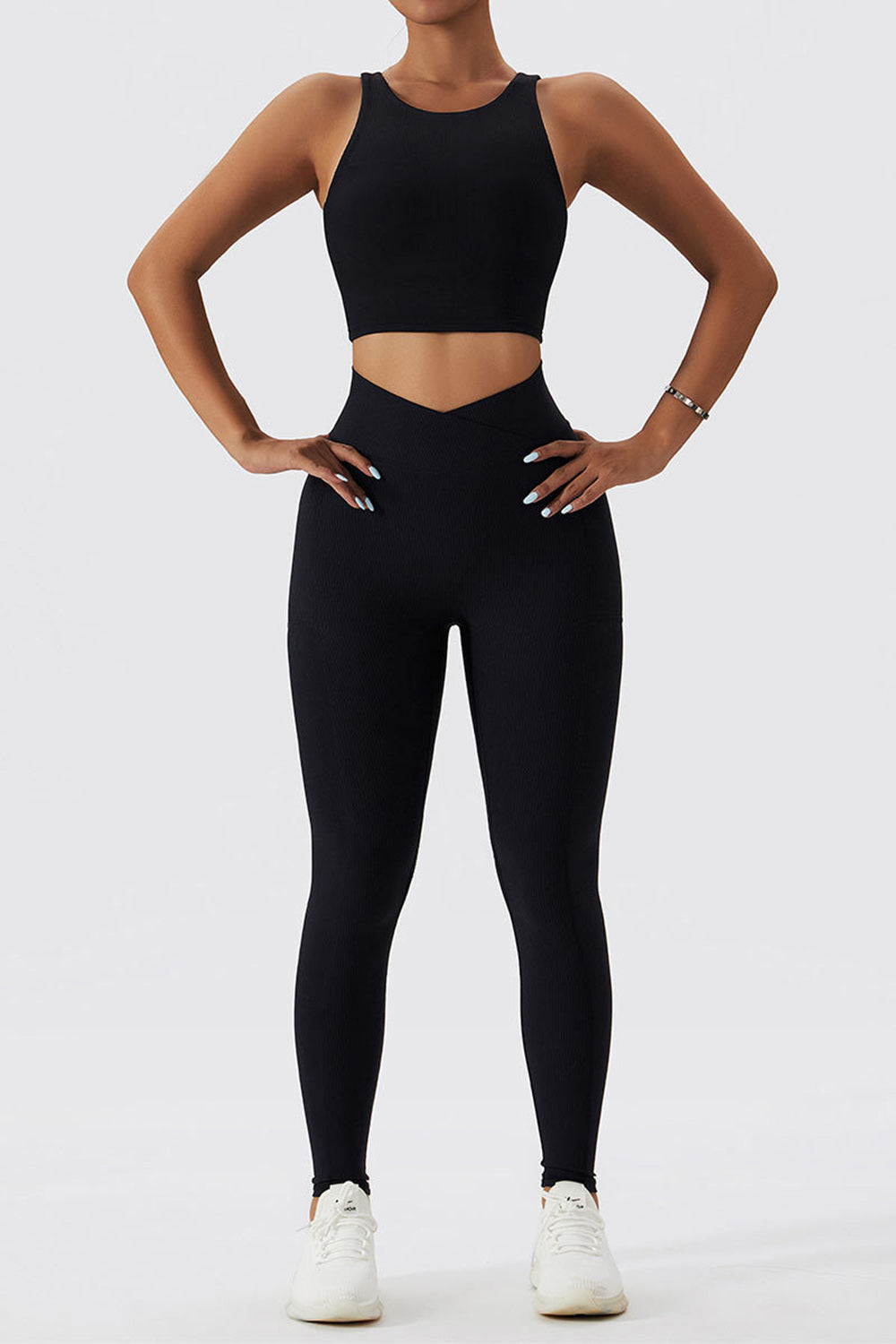 Cross Waist Ribbed Leggings with Pockets - Black