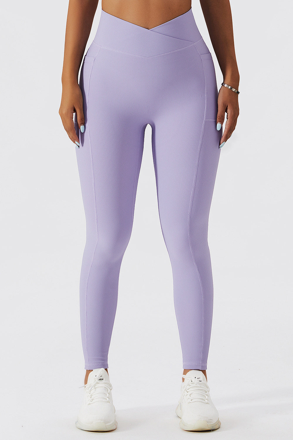 Cross Waist Ribbed Leggings with Pockets - Lavender