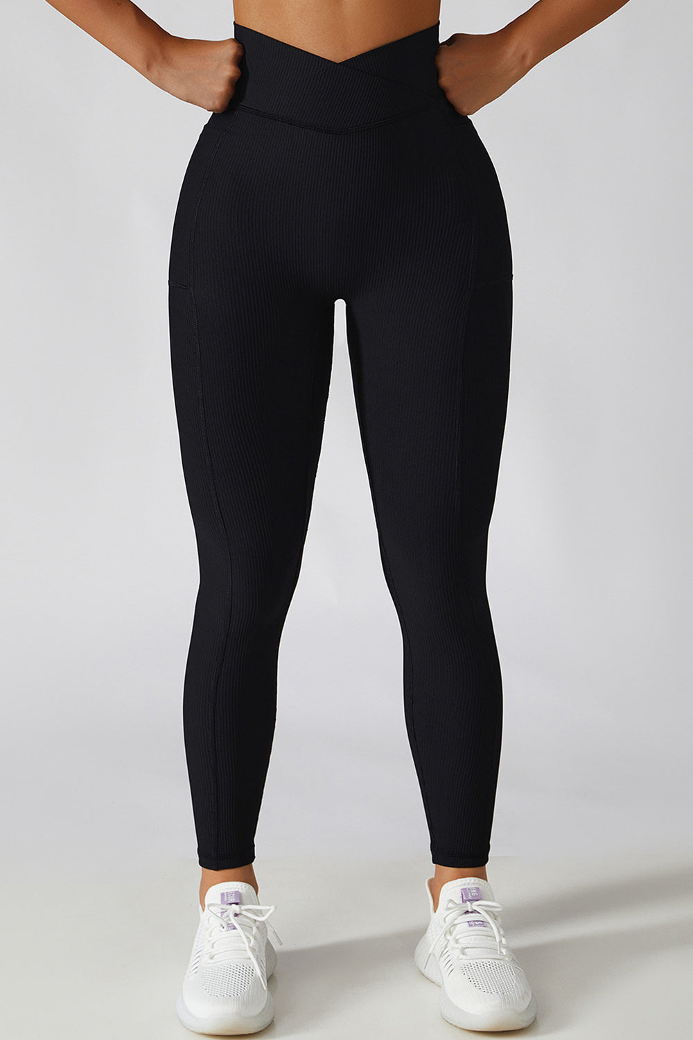 Cross Waist Ribbed Leggings with Pockets - Black