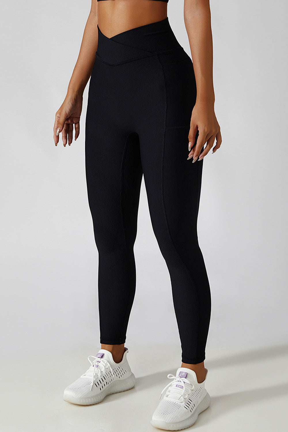 Cross Waist Ribbed Leggings with Pockets - Black