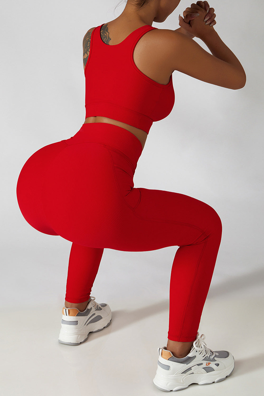 Cross Waist Ribbed Leggings with Pockets - Red