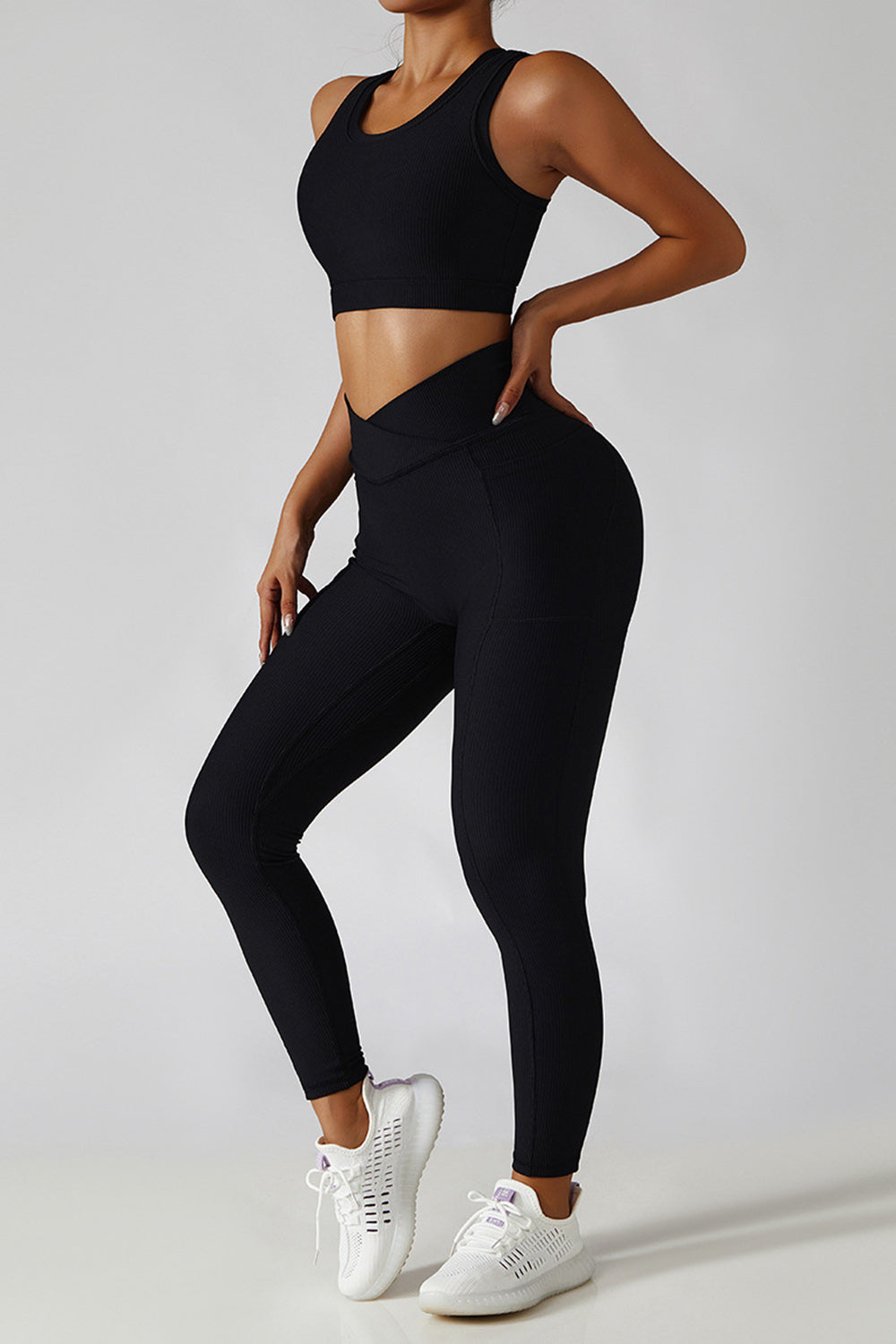 Cross Waist Ribbed Leggings with Pockets - Black