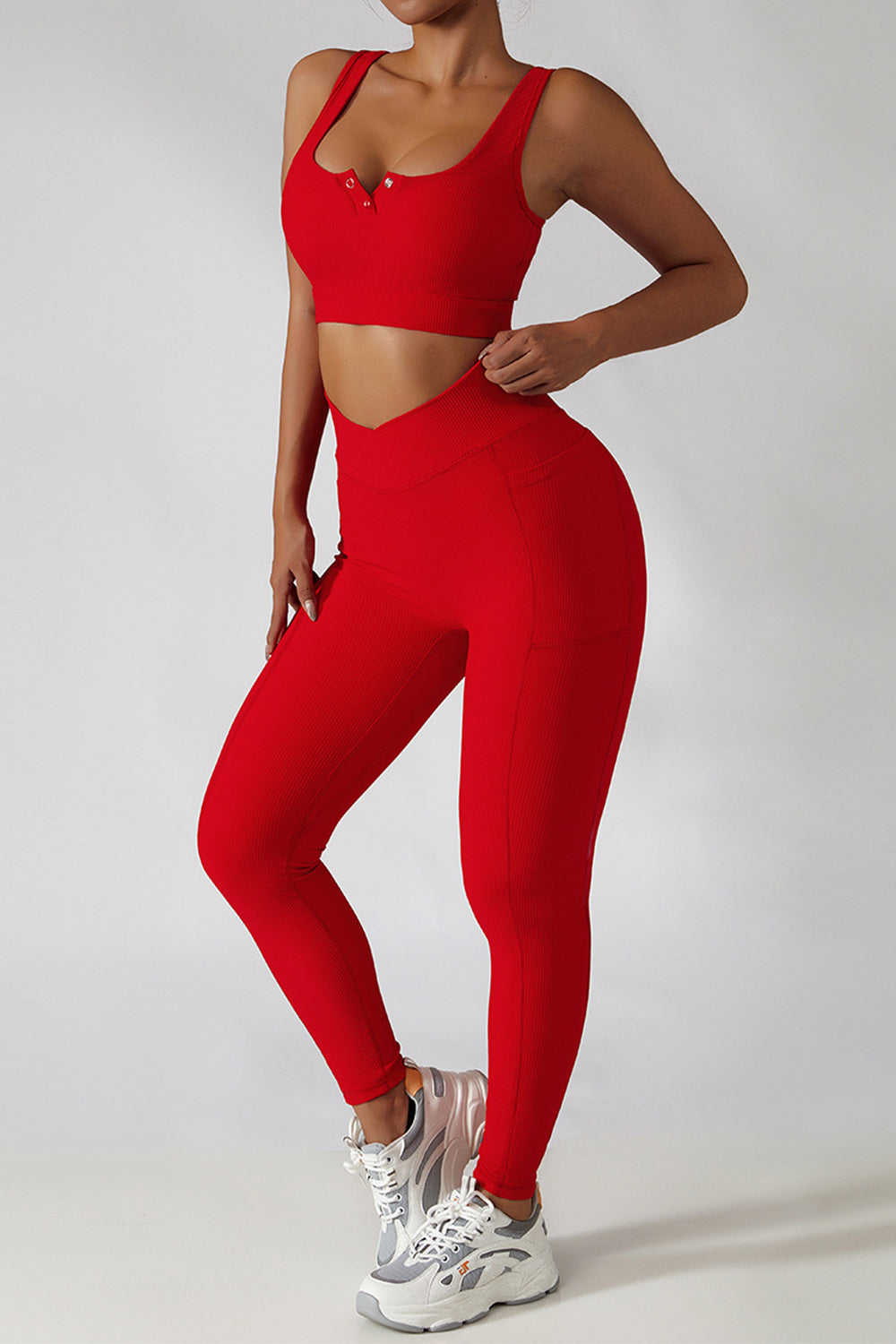 Cross Waist Ribbed Leggings with Pockets - Red