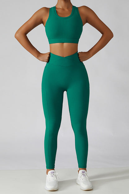 Cross Waist Ribbed Leggings with Pockets - Emerald Green