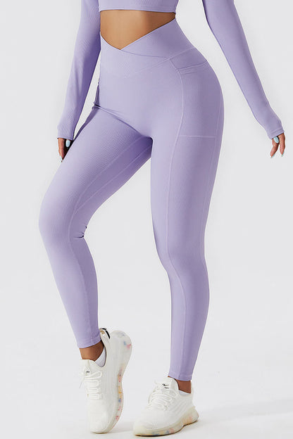 Cross Waist Ribbed Leggings with Pockets - Lavender