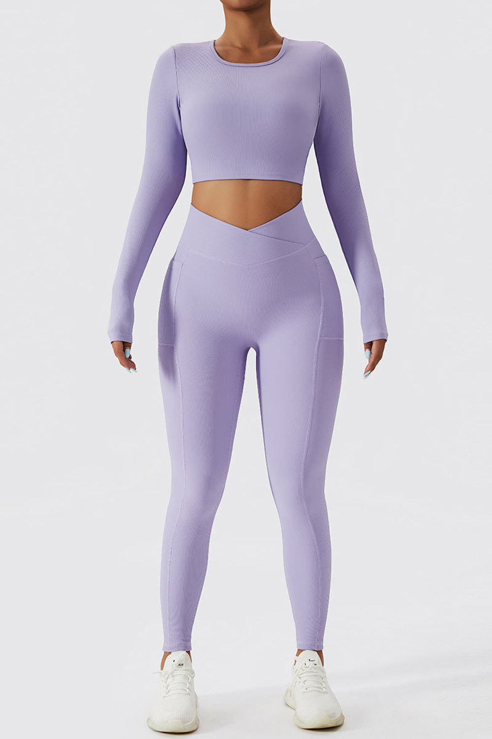 Cross Waist Ribbed Leggings with Pockets - Lavender