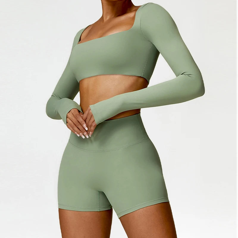 Athletic Glow - Long Sleeve Gym Top, Shorts &amp; Leggings: Style and Performance in Every Move