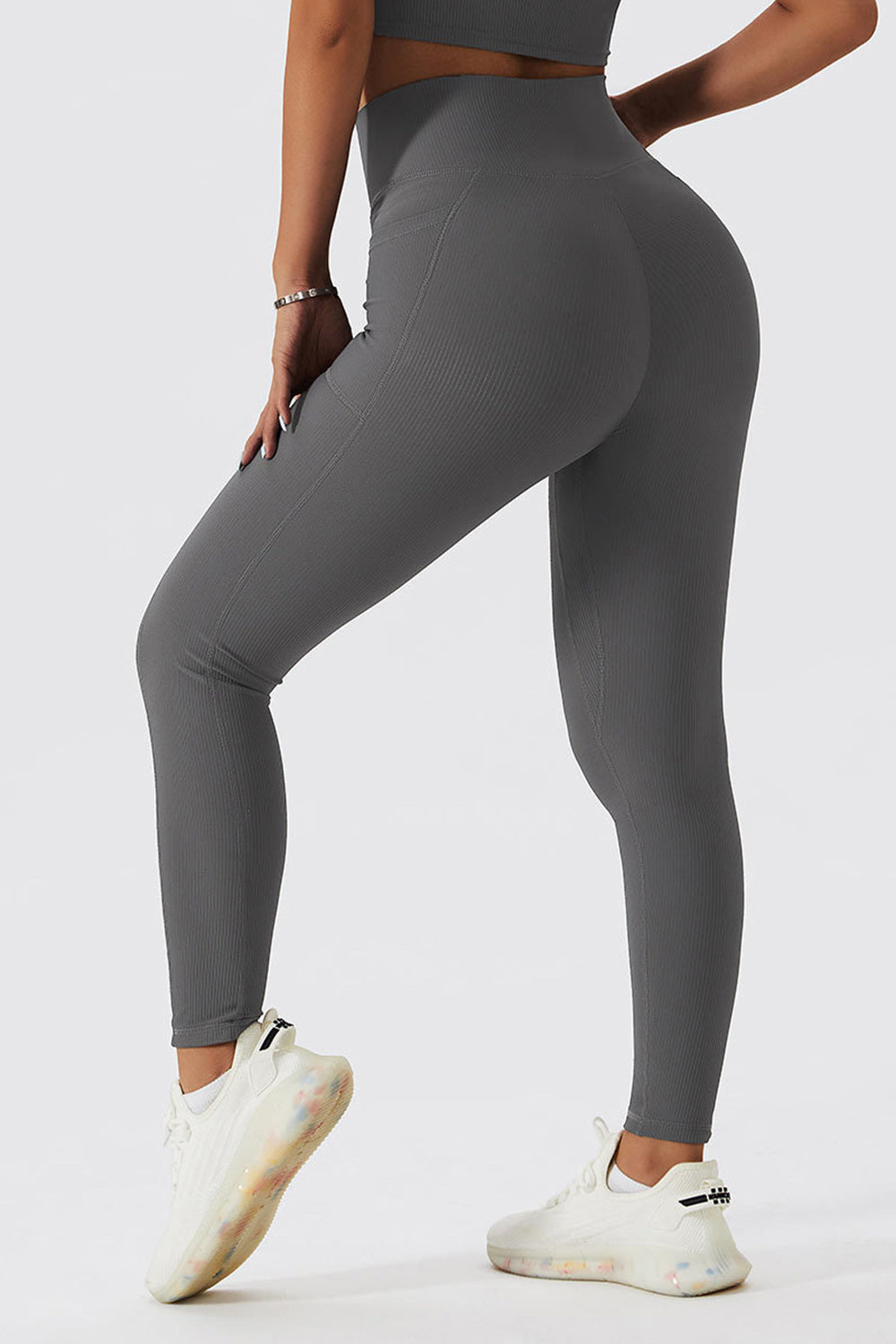 Cross Waist Ribbed Leggings with Pockets - Dark Gray