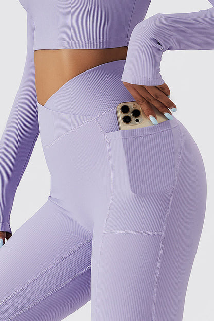 Cross Waist Ribbed Leggings with Pockets - Lavender