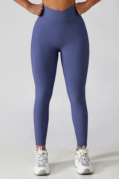 Cross Waist Ribbed Leggings with Pockets - Purple