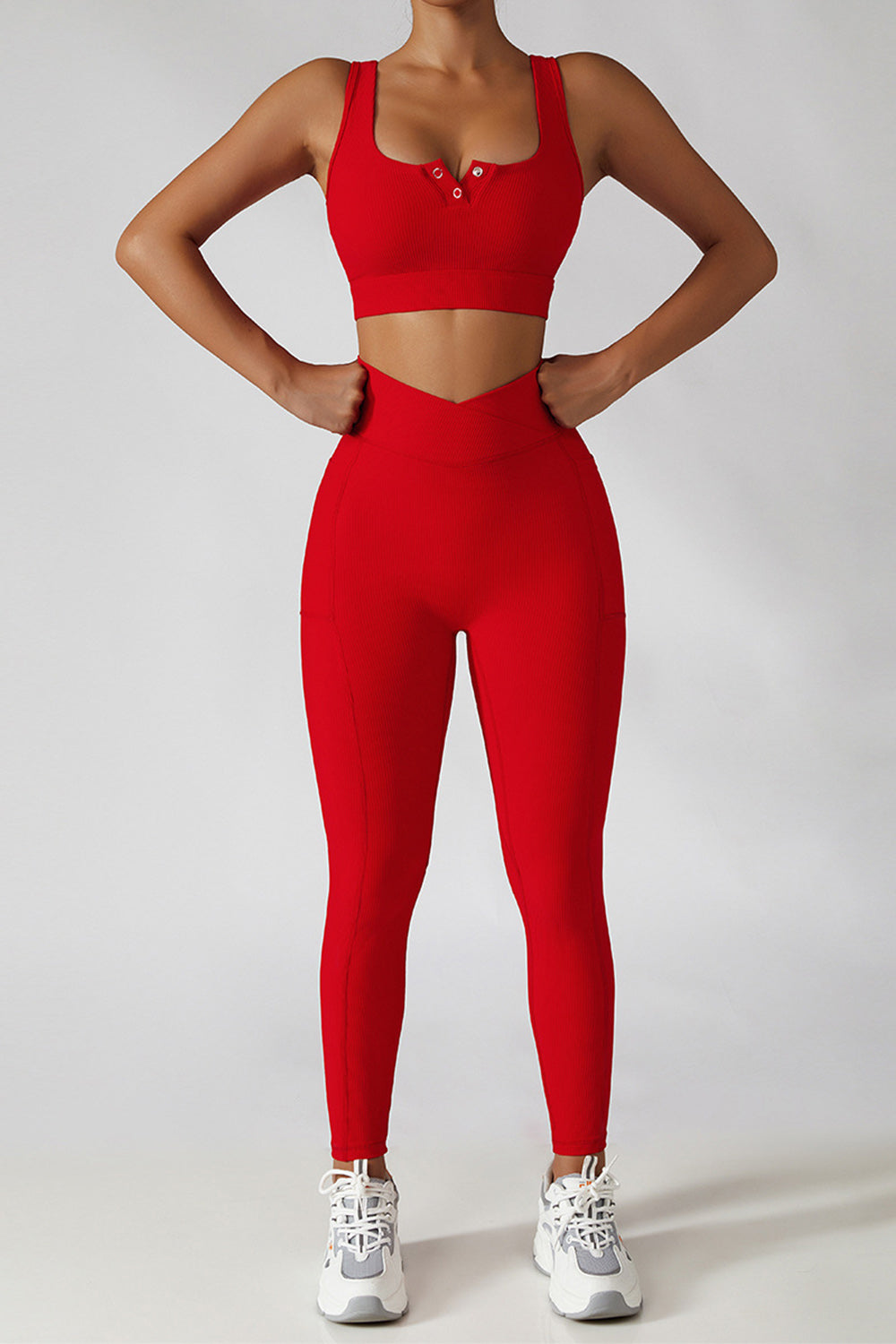 Cross Waist Ribbed Leggings with Pockets - Red