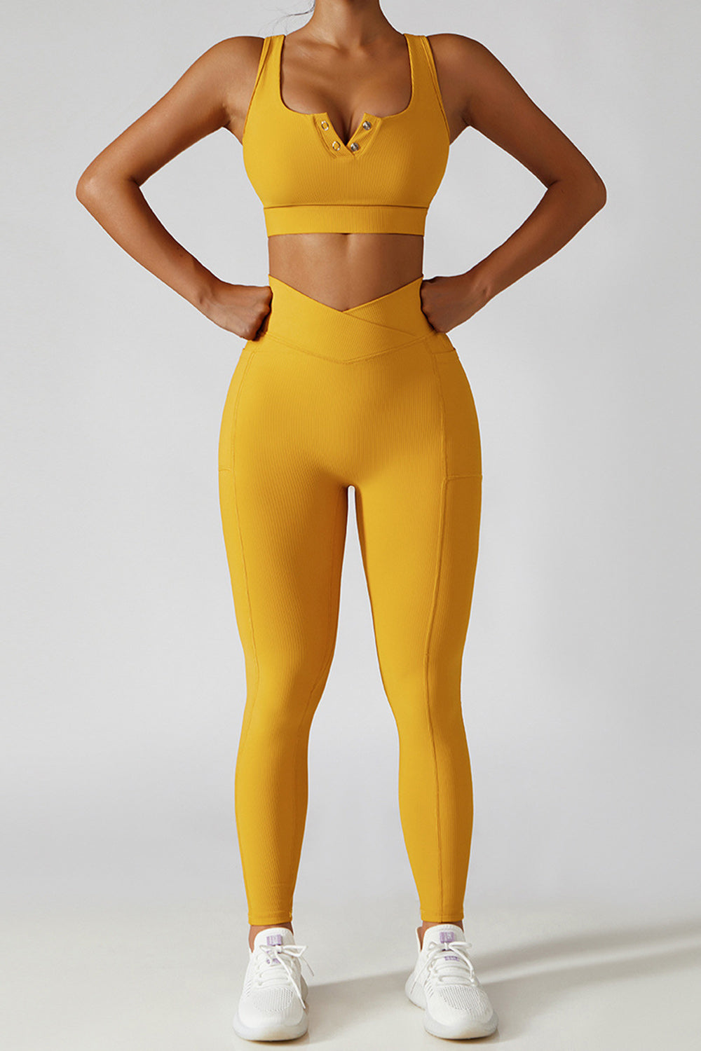 Cross Waist Ribbed Leggings with Pockets - Yellow